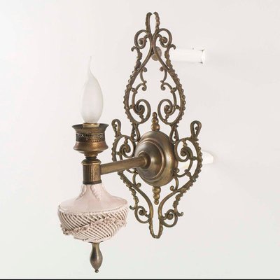 Venetian Art Nouveau Wall Lights in Pink Porcelain, Brass and Bronze from Bassano, Set of 2-NJV-974783