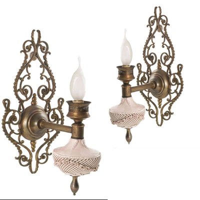 Venetian Art Nouveau Wall Lights in Pink Porcelain, Brass and Bronze from Bassano, Set of 2-NJV-974783