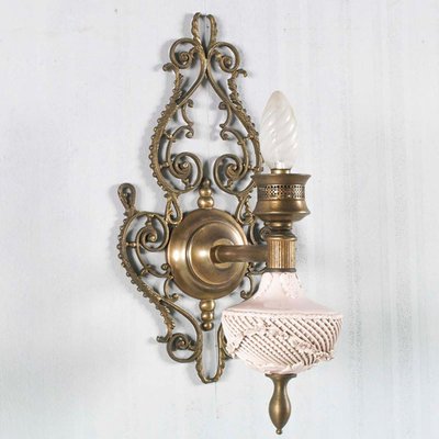 Venetian Art Nouveau Wall Lights in Pink Porcelain, Brass and Bronze from Bassano, Set of 2-NJV-974783