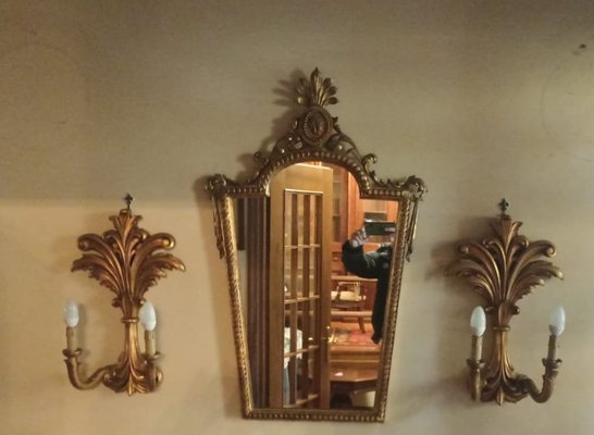 Venetian Gilt Wood Entrance Mirror and Wall Sconces, 1970, Set of 3-ZUW-1799541