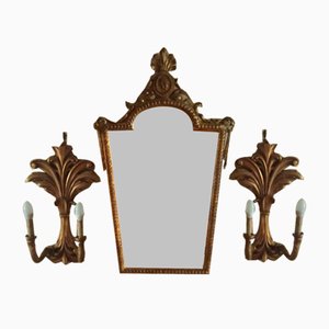 Venetian Gilt Wood Entrance Mirror and Wall Sconces, 1970, Set of 3-ZUW-1799541