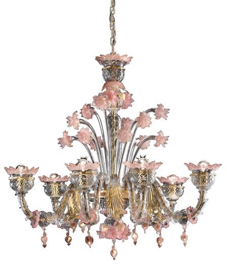 Venetian Gold and Pink Floral Murano Glass Chandelier by Simoeng