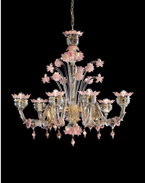 Venetian Gold and Pink Floral Murano Glass Chandelier by Simoeng