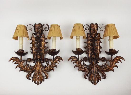 Venetian Mask Sconces in Wrought Iron, 1970s, Set of 2-LW-1750304