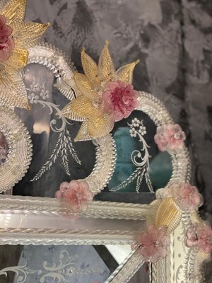 Venetian Murano Glass Mirror with Pink Flowers-MBH-1032399