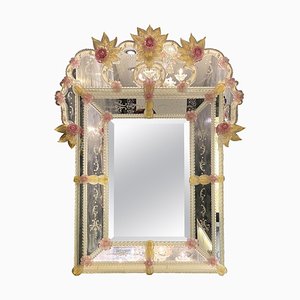 Venetian Murano Glass Mirror with Pink Flowers-MBH-1032399