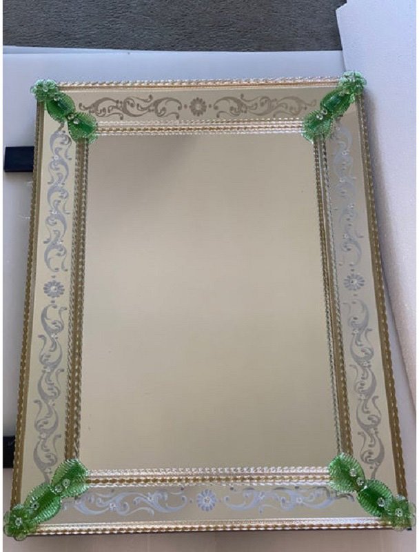 Venetian Rectangular Green Floreal Hand-Carving Mirror by Simoeng