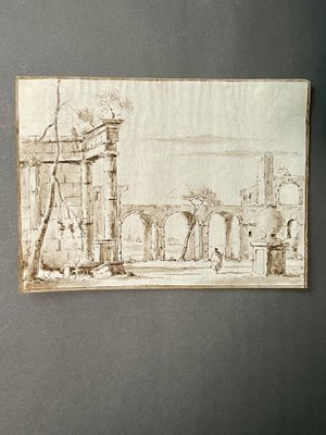 Venetian School Artist, Landscape with Ruins, 1700s, China Ink Drawing-MAX-1399432