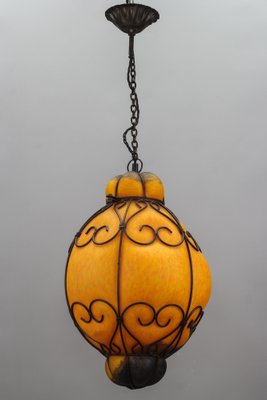 Venetian Style Pâte de Verre Glass Metal Caged Lantern Pendant Light-KEG-1327037