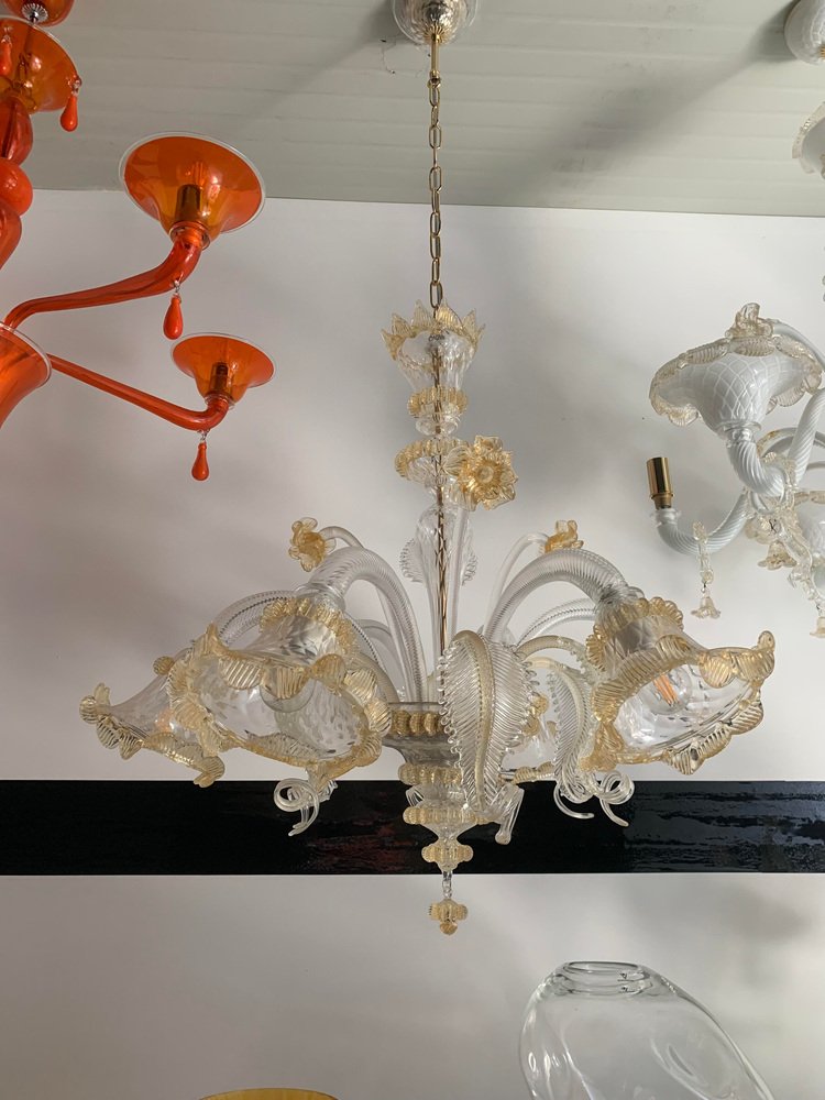 Venetian Transparent and Gold Murano Style Glass Chandelier with Flowers and Leaves from Simoeng