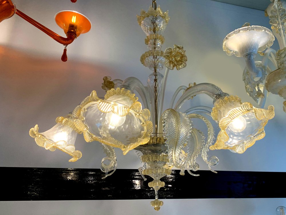 Venetian Transparent and Gold Murano Style Glass Chandelier with Flowers and Leaves from Simoeng