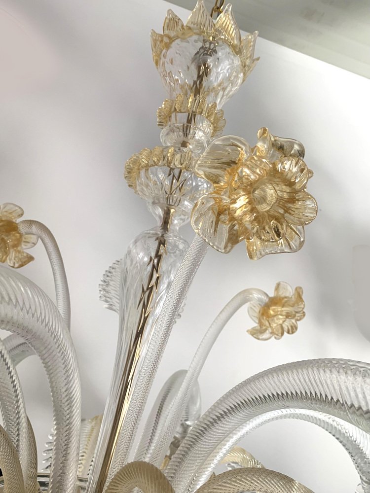 Venetian Transparent and Gold Murano Style Glass Chandelier with Flowers and Leaves from Simoeng