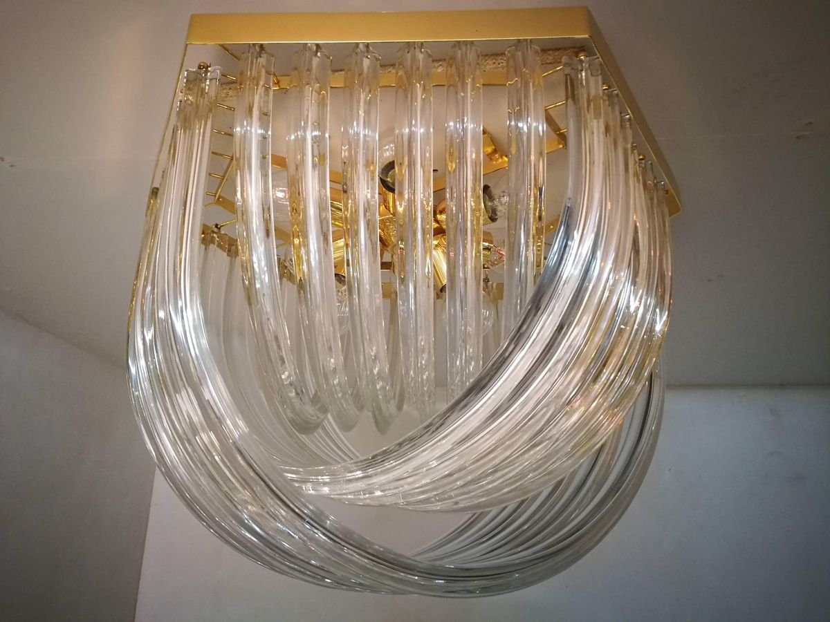 Venini Flushmount in Curved Crystal Glass and Gilt Brass, Italy