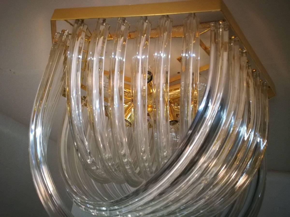 Venini Flushmount in Curved Crystal Glass and Gilt Brass, Italy