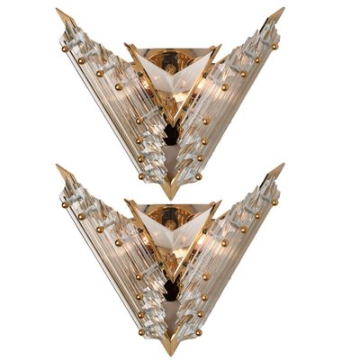 Venini Style Triedroglass & Brass Sconces, Italy, 1970s, Set of 2-VDW-1346199