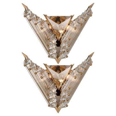 Venini Style Triedroglass & Brass Sconces, Italy, 1970s, Set of 2-VDW-1346199