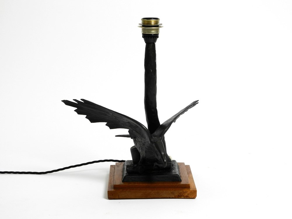 Very Large Iron in the Shape of an Eagle with a Teak Wooden Base Table Lamp, 1940s