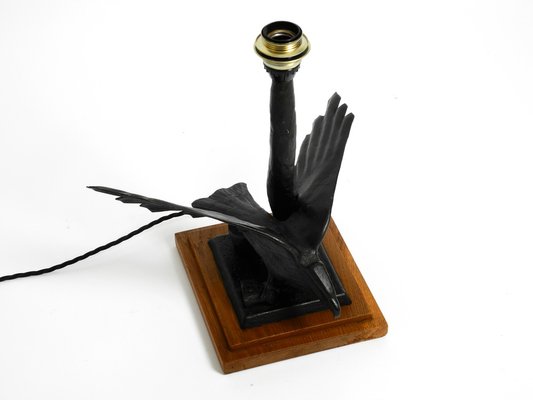 Very Large Iron in the Shape of an Eagle with a Teak Wooden Base Table Lamp, 1940s-RR-1304345