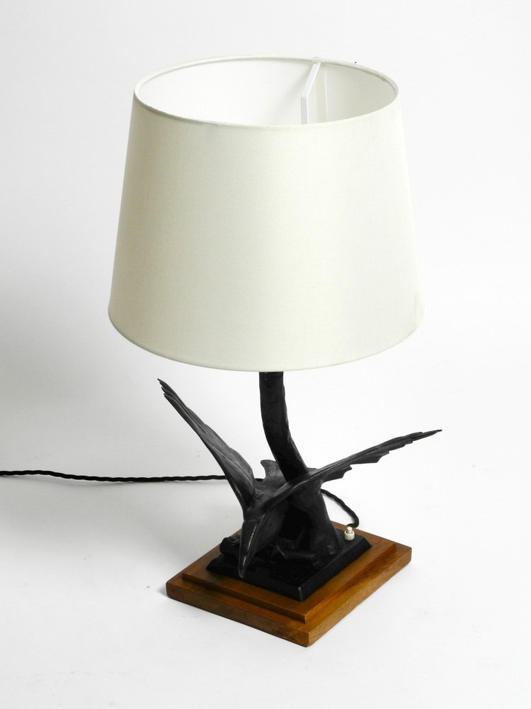 Very Large Iron in the Shape of an Eagle with a Teak Wooden Base Table Lamp, 1940s