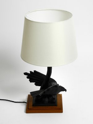 Very Large Iron in the Shape of an Eagle with a Teak Wooden Base Table Lamp, 1940s-RR-1304345