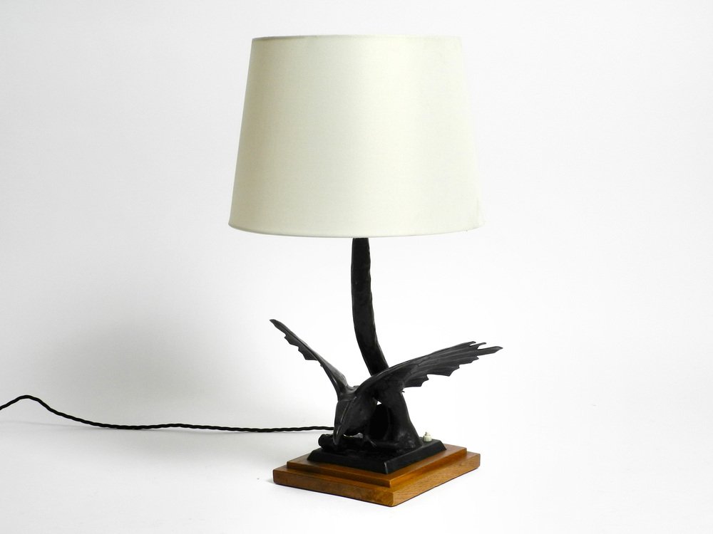 Very Large Iron in the Shape of an Eagle with a Teak Wooden Base Table Lamp, 1940s