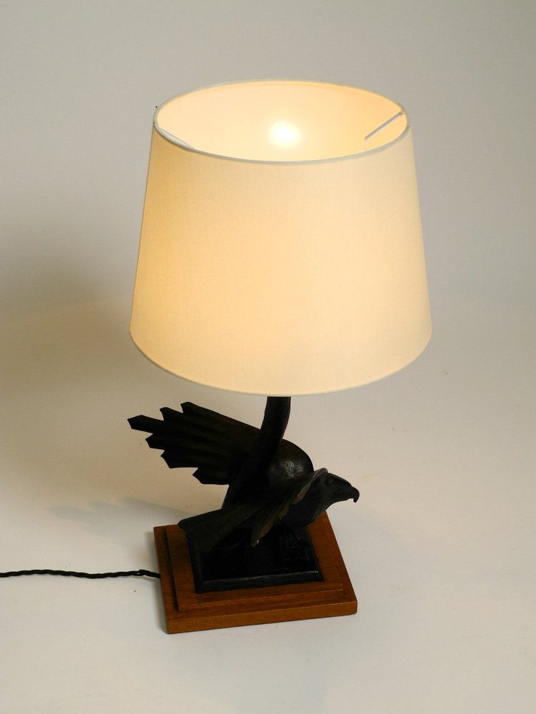 Very Large Iron in the Shape of an Eagle with a Teak Wooden Base Table Lamp, 1940s