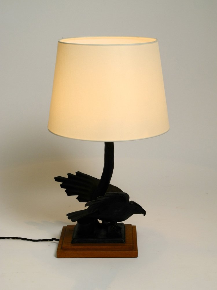 Very Large Iron in the Shape of an Eagle with a Teak Wooden Base Table Lamp, 1940s