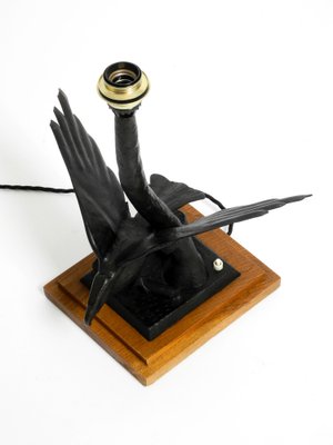 Very Large Iron in the Shape of an Eagle with a Teak Wooden Base Table Lamp, 1940s-RR-1304345