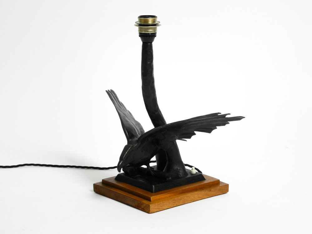 Very Large Iron in the Shape of an Eagle with a Teak Wooden Base Table Lamp, 1940s