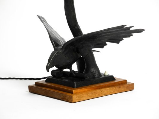 Very Large Iron in the Shape of an Eagle with a Teak Wooden Base Table Lamp, 1940s-RR-1304345