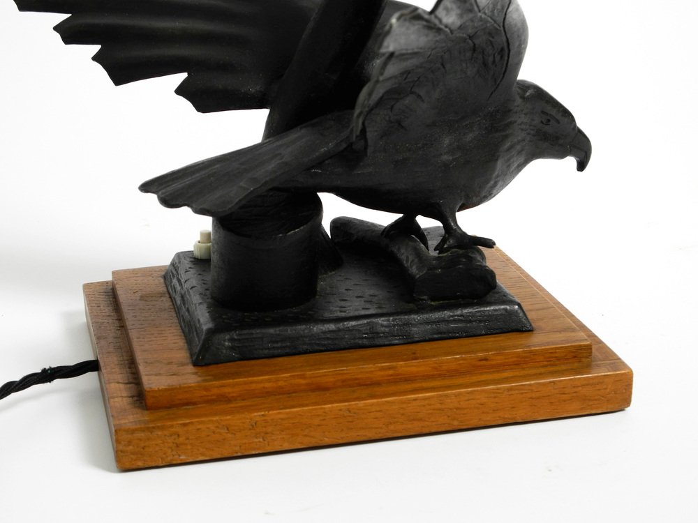 Very Large Iron in the Shape of an Eagle with a Teak Wooden Base Table Lamp, 1940s