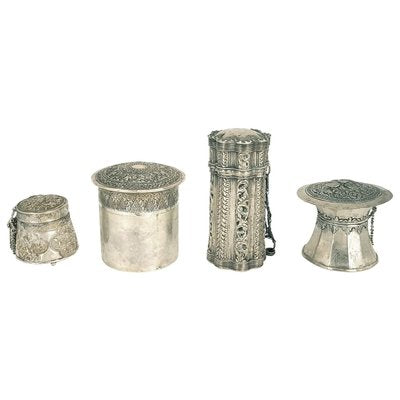 Vessels with Indonesian Lids in Repoussé Silver, Set of 4-ZCI-752005