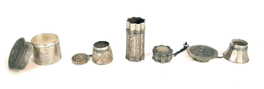 Vessels with Indonesian Lids in Repoussé Silver, Set of 4-ZCI-752005