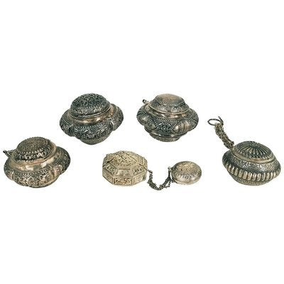 Vessels with Indonesian Lids in Repoussé Silver, Set of 5-ZCI-752006