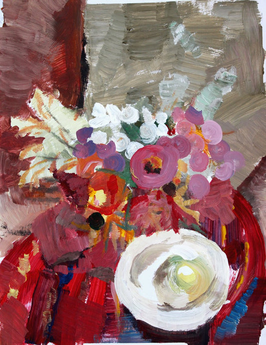 Victor Karnauh, Still Life with Flowers and Apple, Oil on Paper, 1990s