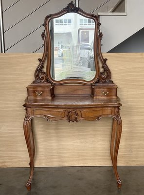 Victorian Carved Mahogany Dresser Table with Attached Mirror, 1850-PSK-2028851