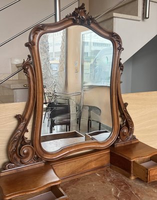 Victorian Carved Mahogany Dresser Table with Attached Mirror, 1850-PSK-2028851