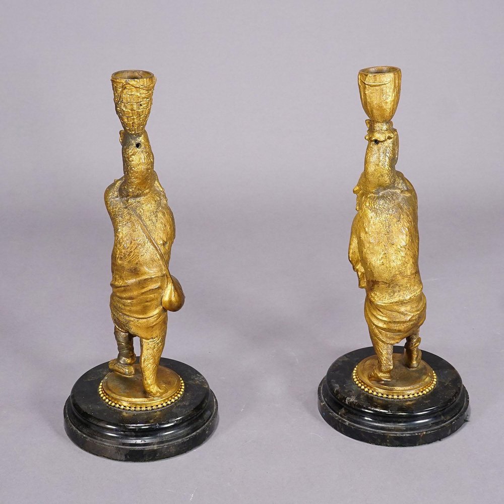 Victorian Casted and Gilded Iron Candle Stick with Bears, Set of 2