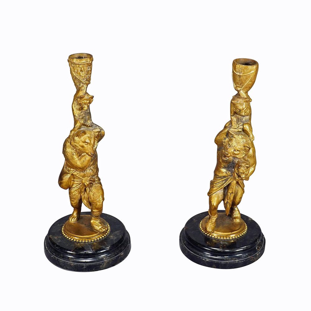 Victorian Casted and Gilded Iron Candle Stick with Bears, Set of 2