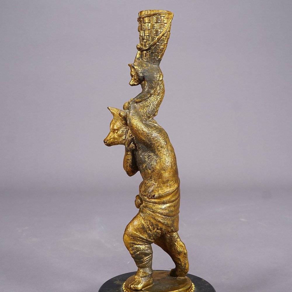 Victorian Casted and Gilded Iron Candle Stick with Bears, Set of 2