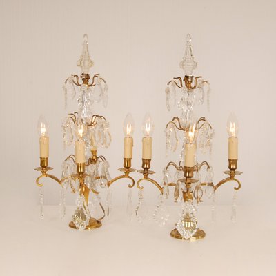 Victorian French Gilt Table Lamps with 4 Lights & Clear Crystal Prism Pendants, Set of 2-GOE-1168141