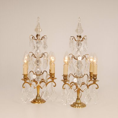 Victorian French Gilt Table Lamps with 4 Lights & Clear Crystal Prism Pendants, Set of 2-GOE-1168141