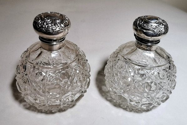 Victorian Lead Crystal and Silver Bathroom Flasks by Phineas Harry Levi & Joseph Wolfe Salaman, England, 1907, Set of 2-QRS-875286