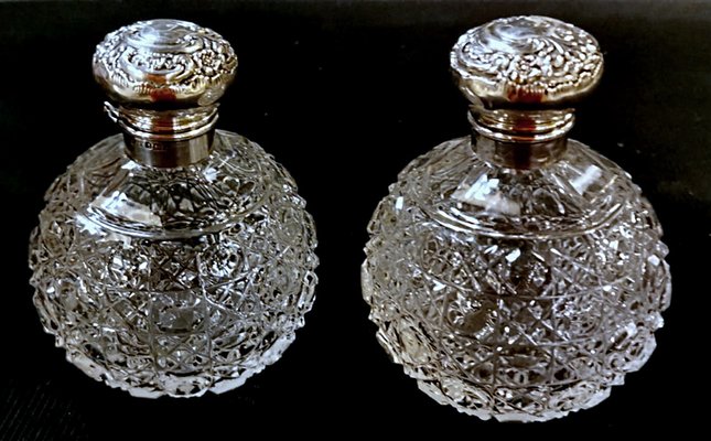 Victorian Lead Crystal and Silver Bathroom Flasks by Phineas Harry Levi & Joseph Wolfe Salaman, England, 1907, Set of 2-QRS-875286