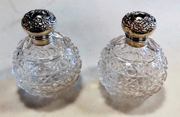 Victorian Lead Crystal and Silver Bathroom Flasks by Phineas Harry Levi & Joseph Wolfe Salaman, England, 1907, Set of 2-QRS-875286