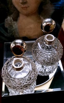 Victorian Lead Crystal and Silver Bathroom Flasks by Phineas Harry Levi & Joseph Wolfe Salaman, England, 1907, Set of 2-QRS-875286