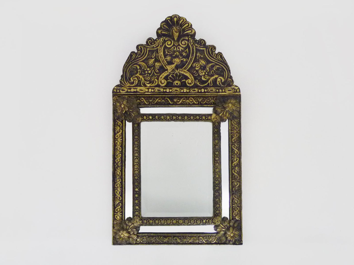 Victorian Style Mirror with Copper Beads Embossed on Wood, 1950s