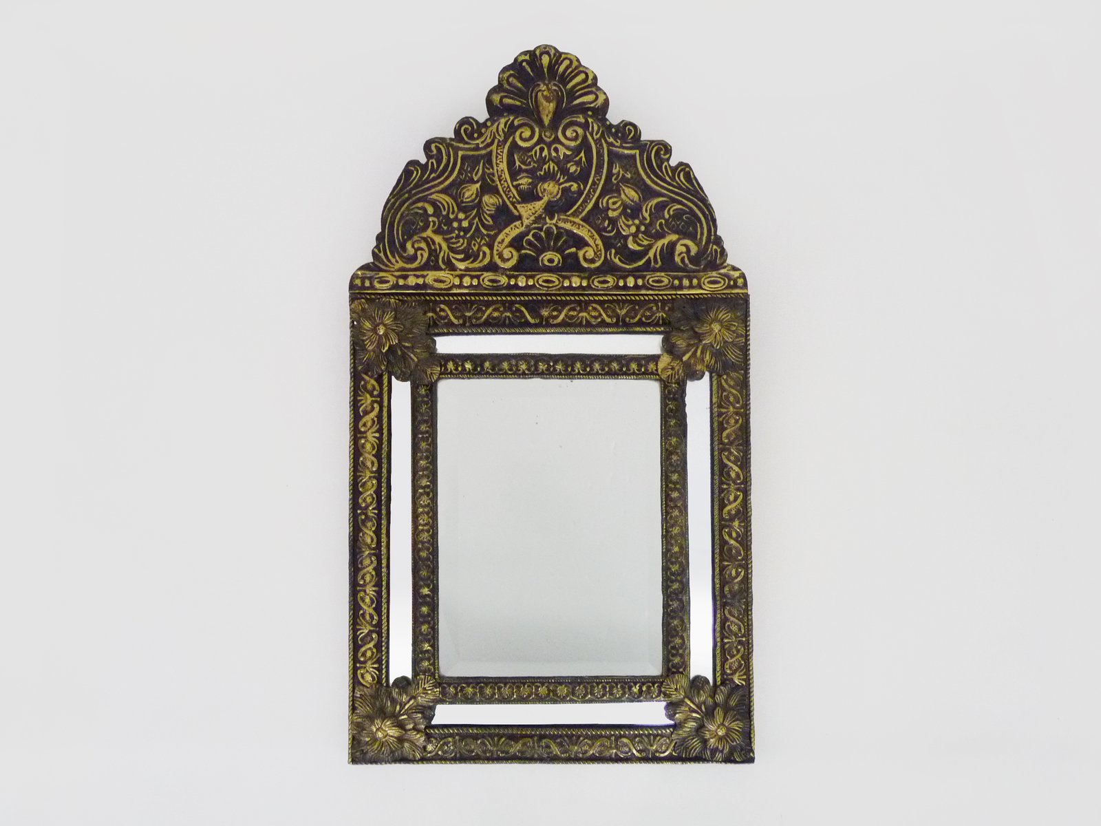 Victorian Style Mirror with Copper Beads Embossed on Wood, 1950s