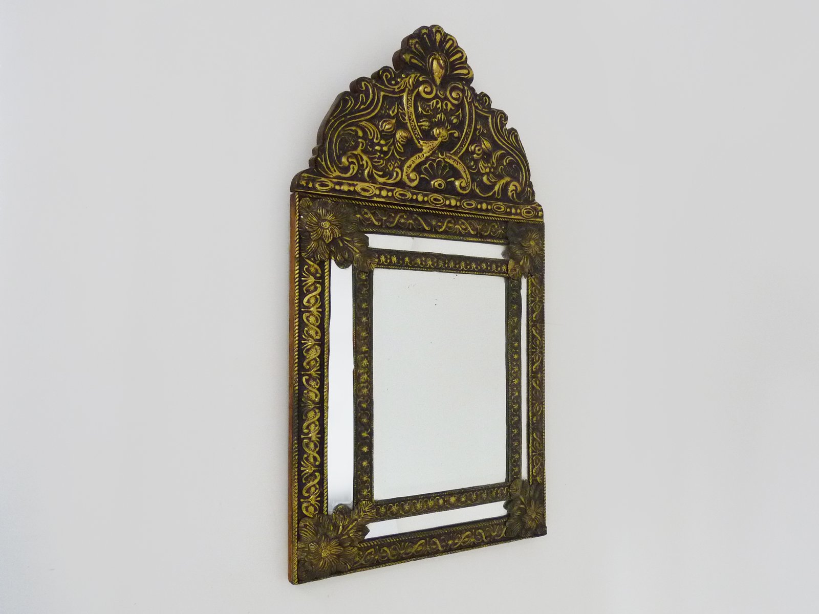 Victorian Style Mirror with Copper Beads Embossed on Wood, 1950s