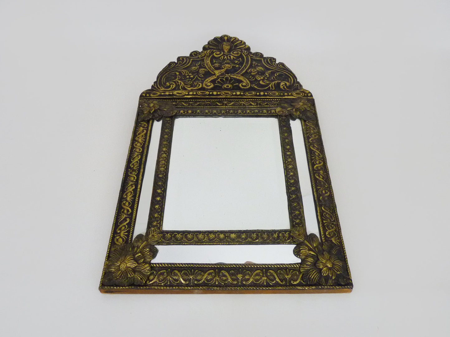 Victorian Style Mirror with Copper Beads Embossed on Wood, 1950s